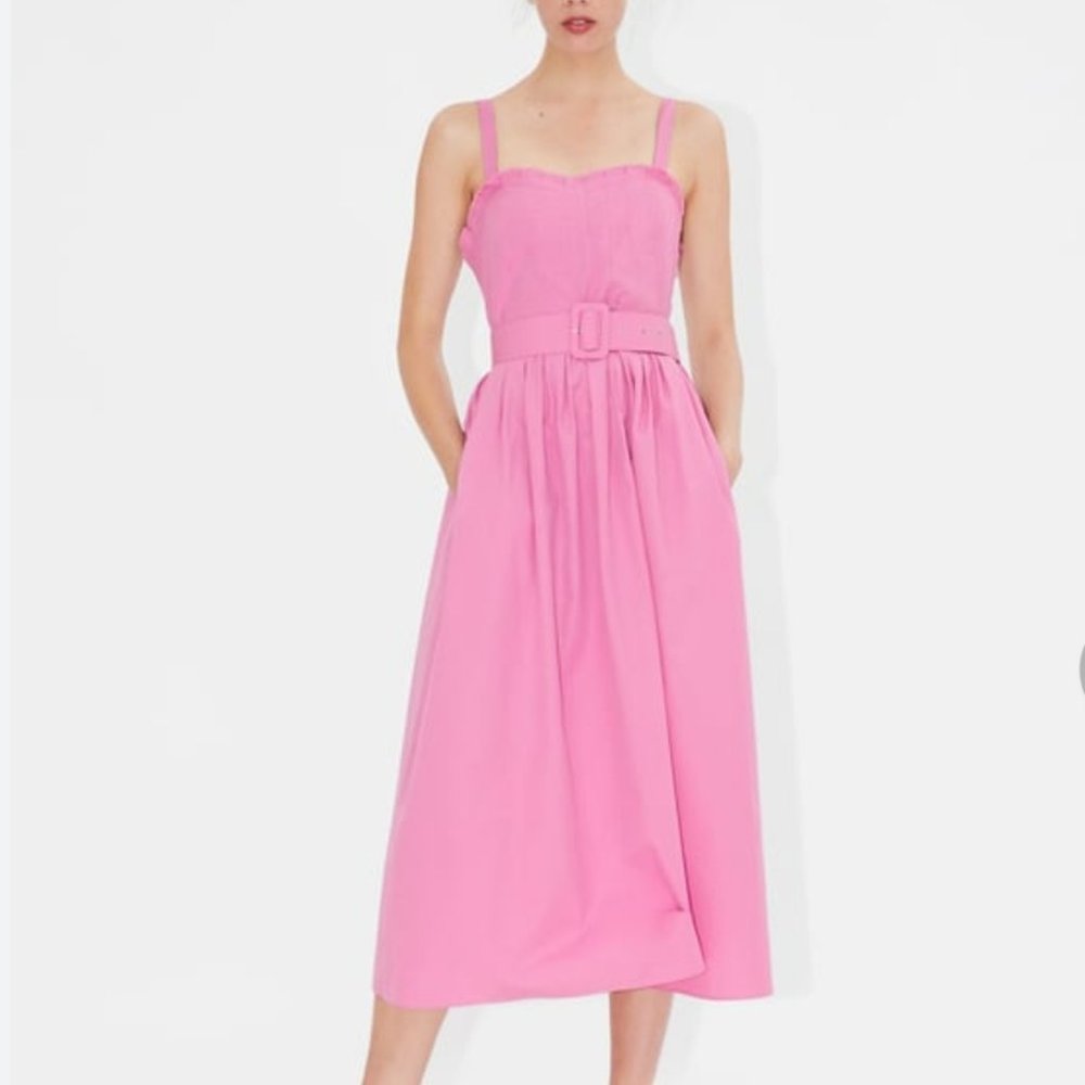 Zara Poplin Pink Midi Dress Smocked Size XS 24 US New sold without belt
